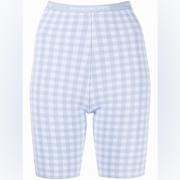 NWT Alexander Wang T Gingham Body-con Bike Shorts Logo Jacquard Woven Blue